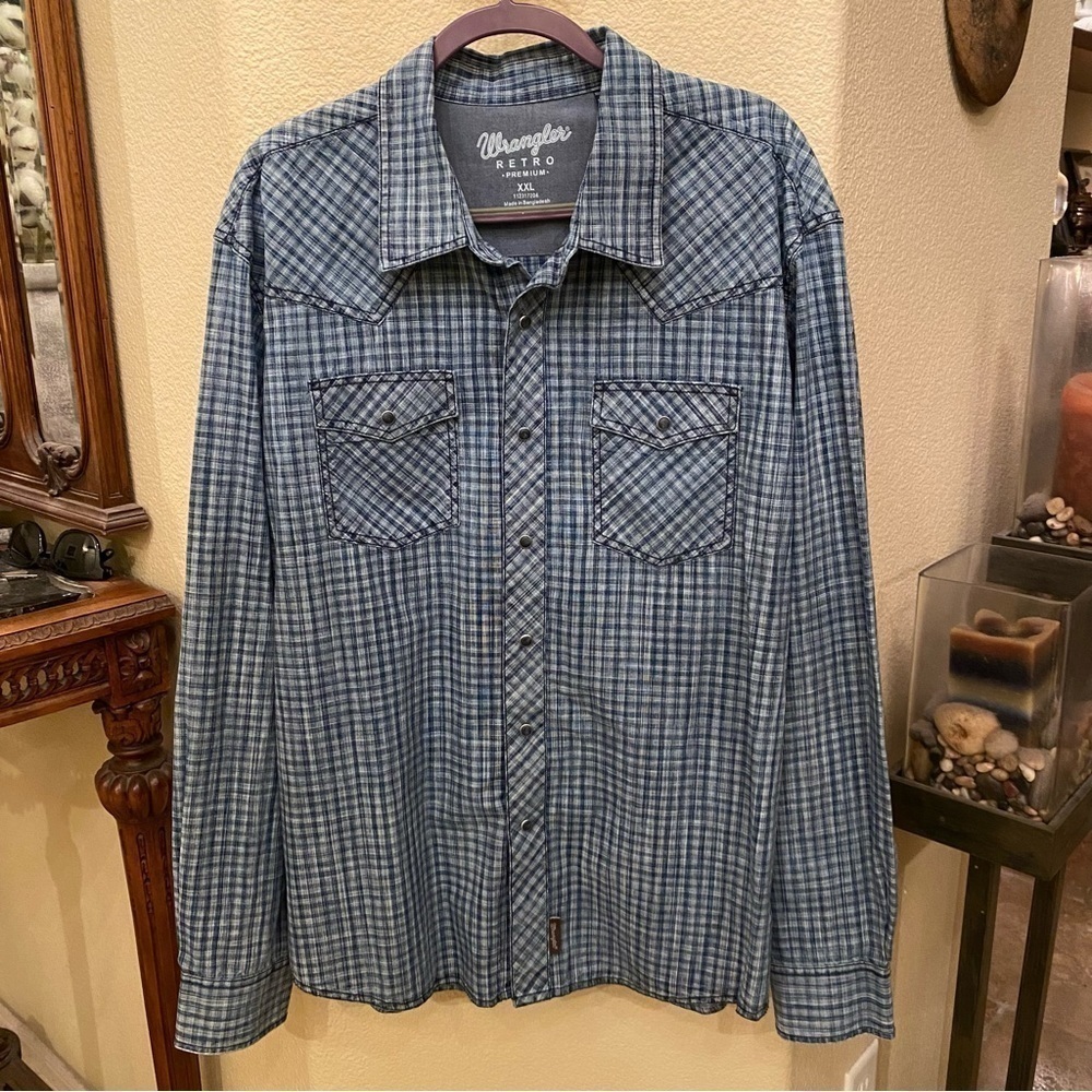 WRANGLER Men Retro Premium Blue Plaid Pearl Snap Button Long Sleeve Top Size XXL